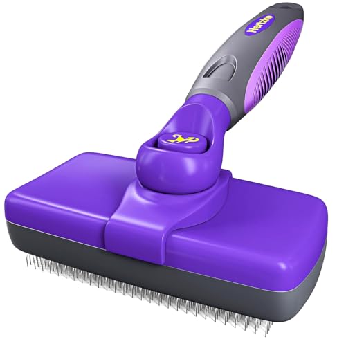 Self Cleaning Slicker Brush for Dogs and Cats - Pet Hair Brush for Shedding Long and Short Hair - Easy Clean Retractable Bristles - Cat and Dog Grooming Tool - Purple