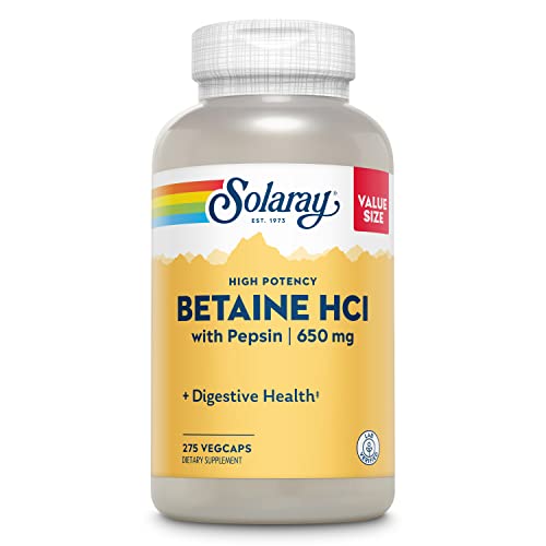Solaray High Potency Betaine HCL with Pepsin - Hydrochloric Acid Supplement for Digestive Health - with Betaine Hydrochloride and Digestive Enzymes - Gut Health Support - 60-Day Guarantee, 275 VegCaps