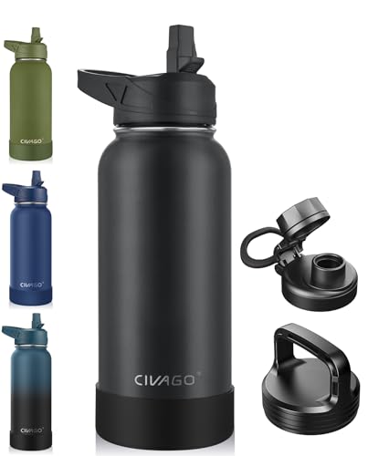32 oz Insulated Water Bottle With Straw, Stainless Steel Sports Water Cup Flask with 3 Lids (Straw, Spout and Handle Lid), Wide Mouth Travel Thermal Mug, Black