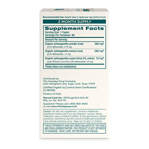 Organic Ashwagandha, 60 Day Supply, Herbal Supplement for Stress Relief, Energy Support, Occasional Sleeplessness, Organic, Non-GMO, Vegan, Gluten Free, 670 mg, 60 Caplets