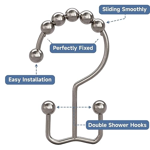 Shower Curtain Hooks Rings, Rust Resistant Metal Double Glide Shower Hooks Rings for Bathroom Shower Rods Curtains, Set of 12 Hooks - Nickel