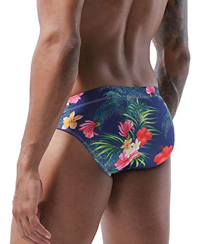 Mens Bikini Swimsuit Sexy Low Rise Flowers Print Quick Dry Swim Briefs Swimwear (Leaves, M)