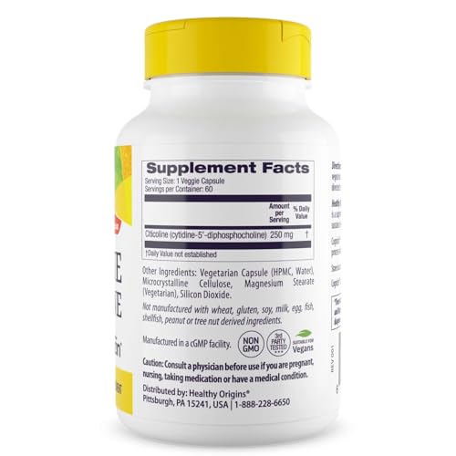 Cognizin (Citicoline), 250 mg - Brain Supplement for Memory with Citicoline CDP Choline - Non-GMO, Vegan & Gluten-Free Supplement - 60 Veggie Capsules