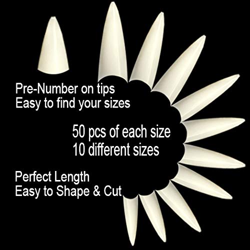 BE.YOU Beyou Natural Long Stiletto 500Pcs Artificial Fake Nail Tips, 10 Sizes 28510 For Nail Salon
