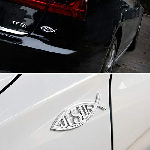 2pcs Jesus Fish Decal Sticker Silver,3D Car Chrome Decal Emblem Sticker Religious God for Jesus Christian Fish Symbol