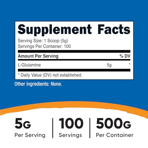 L-Glutamine Powder (500 Grams) Unflavored - Gluten Free & Non-GMO, 100 Servings