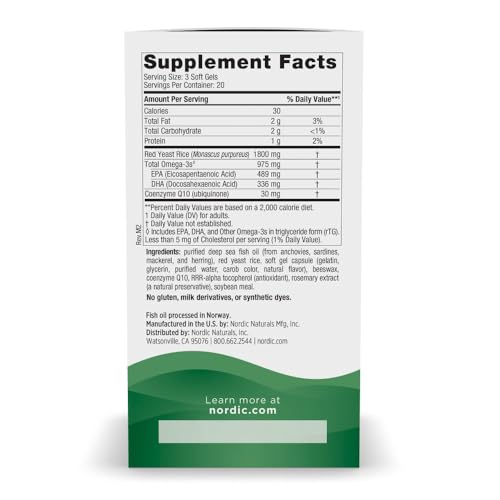 Cholesterol Omega LDL, Lemon - 60 Soft Gels - 975 Omega-3 + Red Yeast Rice & CoQ10 - Normal Cholesterol, Antioxidant Support - EPA & DHA - Non-GMO - 20 Servings