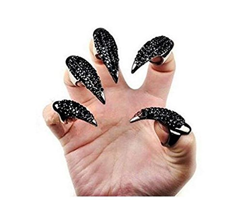 Mens Gothic Full Finger Rings Retro Punk Rock False Nail Finger Claw Eagle Claw Womens Jewelry Alloy Rhinestone Fingertip Claw for Cosplay Party Halloween Activity (5PCS/Black)