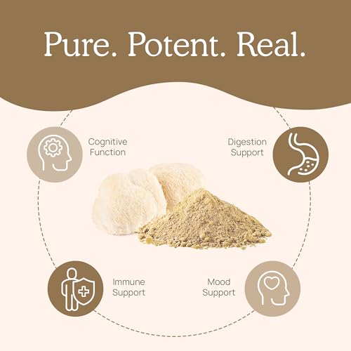 Lion’s Mane Powder - Organic Lions Mane Mushroom Extract for Cognitive Function & Immune Support - Brain Supplements for Memory and Focus - Vegan Mushroom Supplement, 60 Servings