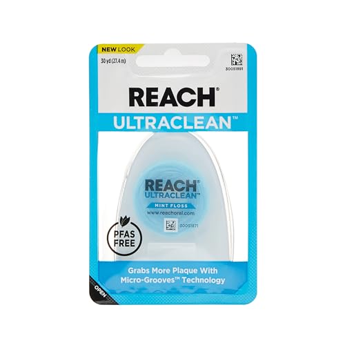 REACH Listerine Ultraclean Dental Floss, Mint, Plaque Remover for Teeth, Shred Resistant, Waxed, Easy on Gums & Teeth, Mint, Oral Care, PFAS Free, for Adults & Kids, 1 Pack, 30 yd