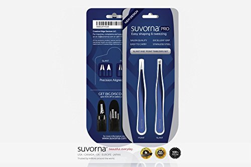 4 Precision Aligned Professional Tweezers Color Sets with Premium Stainless Steel. One Sharp Pointed Pair and One Slant Tip Pair for Eyebrow Shaping. Great for Ingrown Hair. (Blue)
