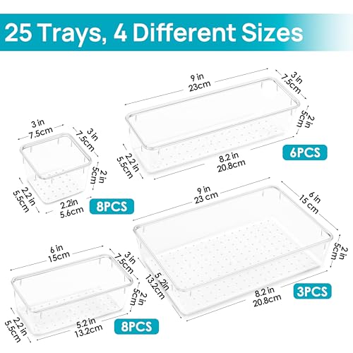 25 PCS Clear Plastic Drawer Organizers Set, 4-Size Versatile Bathroom and Vanity Drawer Organizer Trays, Storage Bins for Makeup, Bedroom, Kitchen Gadgets Utensils and Office