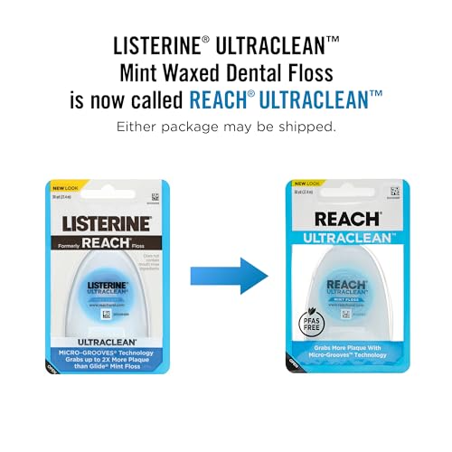 REACH Listerine Ultraclean Dental Floss, Mint, Plaque Remover for Teeth, Shred Resistant, Waxed, Easy on Gums & Teeth, Mint, Oral Care, PFAS Free, for Adults & Kids, 1 Pack, 30 yd