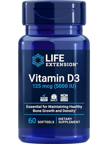 Vitamin D3 125 mcg (5000 IU), Bone Health, Brain Performance, Immune System Support, Gluten-Free, Non-GMO, Once Daily, Two-Month Supply, 60 Softgels