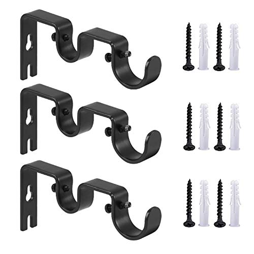 Heavy Duty Curtain Rod Brackets Double Curtain Rod Brackets Double Rod Holders 1 and 5/8 Inch Rod (Set of 3, Black)