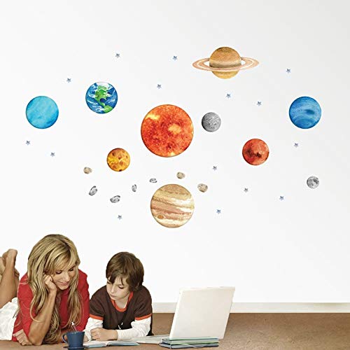 Space Planet Wall Stickers Decals, Removable Solar System Watercolor Space Vinyl Wall Stickers for Kids Nursery Bedroom Living Room
