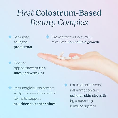 Hair Skin and Nails Vitamins w/Bovine Colostrum, Collagen, Hyaluronic Acid, Biotin, Zinc, & LactoferrinSupports Faster Hair Growth, Stronger Nails and Glowing Skin (30 Servings, Capsule)