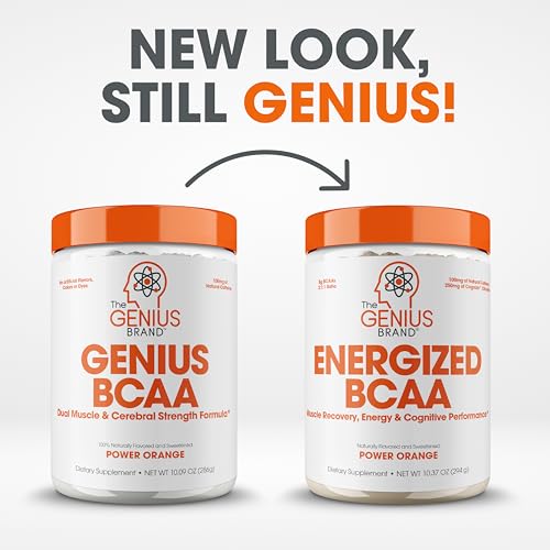Genius BCAA Powder - 5g Vegan BCAAs L-Glutamine, Cognizin & Rhodiola Muscle Recovery Energy Support 100mg Caffeine Pre, Intra, Post-Workout Nootropic Supplement for Focus & Performance - Orange