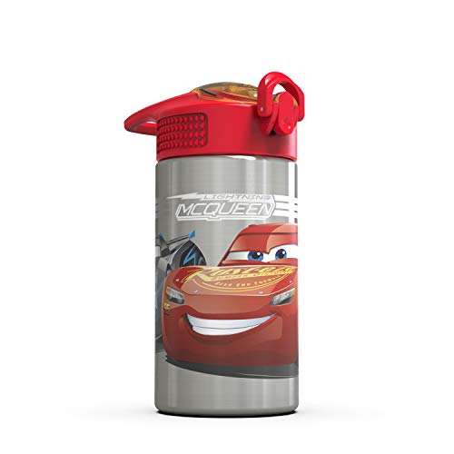 Disney Cars 3 - Stainless Steel Water Bottle with One Hand Operation Action Lid and Built-in Carrying Loop, Kids Water Bottle with Straw Spout is Perfect for Kids (15.5 oz, 18/8, BPA-Free)