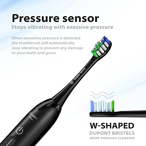 Ultrasonic whitening Toothbrush with Pressure Sensor. 5 Brushing Modes and 4 Levels of Intensity, 8 Soft bristles, Travel case.