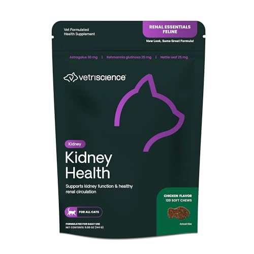 VetriScience Kidney Health Chews, Renal Essentials Supplement for Cats, Kidney Care and Support with Mushroom, Astragalus Root, Nettle Seed and Herbs, Chicken, 120 Count