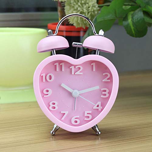 3in 3D Dial Loud Twin Bell Alarm Clock Silent Analog Quartz Nightlight Clock Heart Shape Pink
