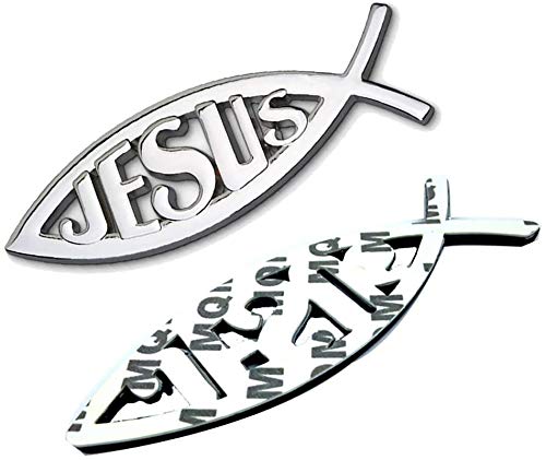 2pcs Jesus Fish Decal Sticker Silver,3D Car Chrome Decal Emblem Sticker Religious God for Jesus Christian Fish Symbol