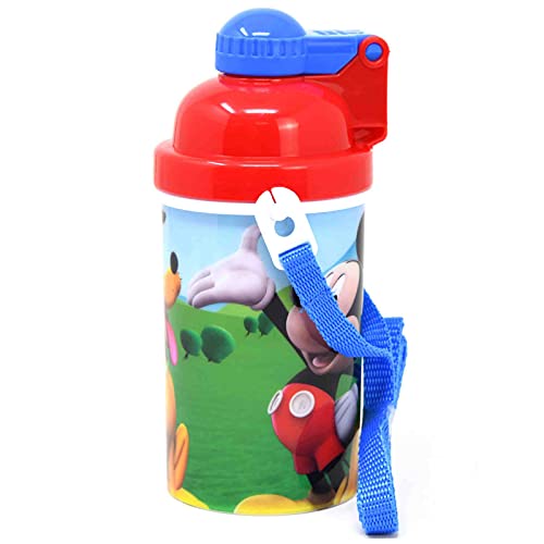 Disney Mickey Mouse One Touch Button Water Bottles with Reusable Built in Straw, Carrying Strap - Safe Approved BPA Free, Easy to Clean, for Kids Girls Boys, Goodies Home Travel