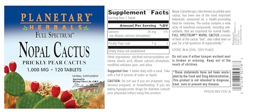 Full Spectrum Nopal Cactus, Prickly Pear Cactus, 1000 mg, with Prickley Pear Leaf - 120 Tablets