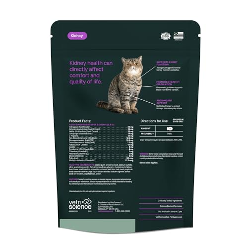 VetriScience Kidney Health Chews, Renal Essentials Supplement for Cats, Kidney Care and Support with Mushroom, Astragalus Root, Nettle Seed and Herbs, Chicken, 120 Count