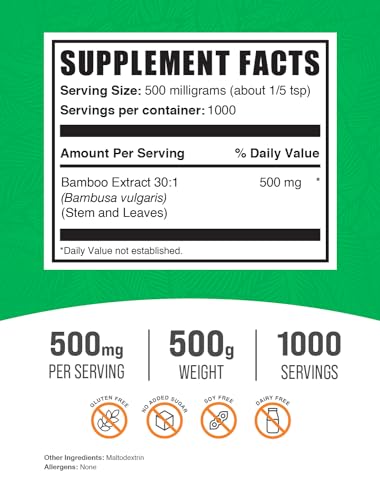 .com Bamboo Extract Powder - Silica Supplements, Bamboo Powder - Bamboo Supplement, Herbal & Gluten Free, 500mg per Serving, 500g (1.1 lbs) (Pack of 1)