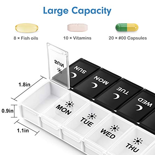 Large Pill Organizer 2 Times a Day, Weekly Box Per AM PM Case, Day Night Container 7 Vitamin Case Twice