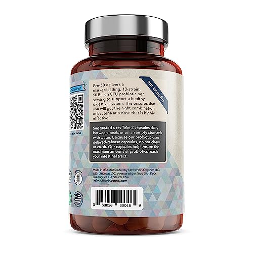 Pro-50 Probiotics for Women Digestive Health | 50 Billion CFU & 13 Strains | SBO Synbiotic Formula Delayed Release Capsule+Prebiotic Greens for Immune Support – for Women & Men | 60cap