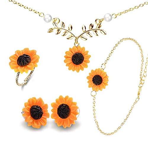 Set of 5 Sunflower Faux Pearl Leaf Chain Resin Boho Petal Pendant Necklace with Sunflower Bracelet Earrings Ring for Women Jewelry Accessories (Gold)