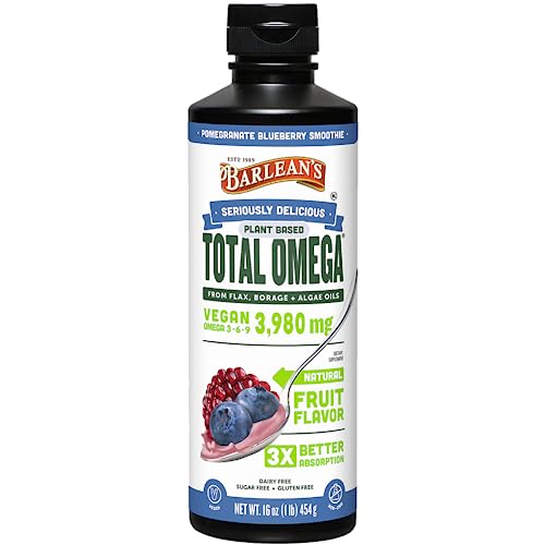 Liquid Flaxseed, Borage and Algae Oils Omega 3 Supplement, Pomegranate Blueberry Flavor, Vegan EPA and DHA, Flax and Borage Seed Oil with 3,980 mg of Omega-3-6-9, 16 oz