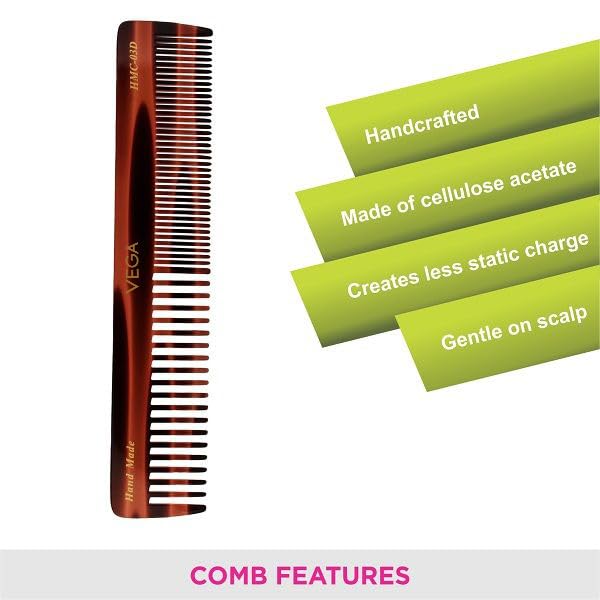 Vega Tortoise Shell Pattern Graduated Dressing Hair Comb,Handmade, (India's No.1* Hair Comb Brand)For Men and Women, (HMC-3D)