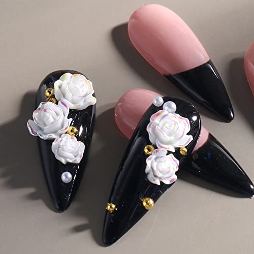 90Pcs White 3D Acrylic Flower Nail Charms 3D White Aurora Camellia Nail Art Jewelry Acrylic Resin Flowers Design Elegant Wedding Nail Charms for DIY Nail Decorations Accessories Rhinestone Decor