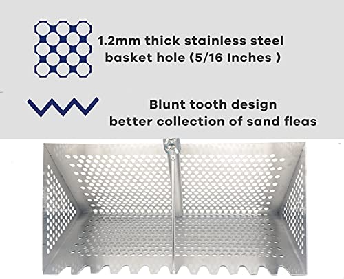Sand Fleas Rake, Stainless Steel Sand Sifter, Detachable 47 Inches Long Handle, 15.7 Inches Width Basket, Sand Crab Catcher with Sharp Teeth,Collapsible Sand Fleas Catcher for Travelling.