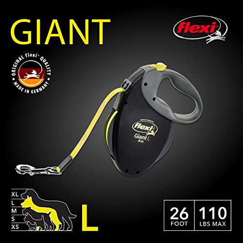 Giant Tape Retractable Dog Leashes for Large Dogs Upto 110 lbs. – 26 ft., Black | Tangle Free Pet Walking Leash with One-Handed Brake, Pause, Lock | German Quality Product