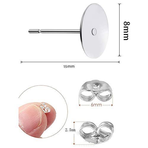 160 PCS 925 Sterling Silver Plated Earrings Posts Flat Pad Hypoallergenic Flat Pad Earring Studs with 925 Sterling Silver Earring Backs and Rubber Earring Backs for Jewelry Making Findings(5mm 8mm)