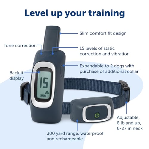 300 Yard Remote Training Collar – Choose from Tone, Vibration, or 15 Levels of Static Stimulation – Medium Range Option for Training Off Leash Dogs – Waterproof and Durable – Rechargeable