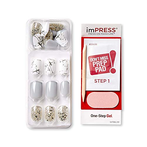 Design, Press On Nails, Knock Out, Gray, Short, Size, Squoval, Shape, Includes 30 Nails, Prep Pad, Instructions Sheet, 1 Manicure Stick, 1 Mini File