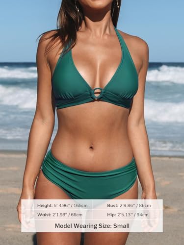 Women Halter Bikini Swimsuit O Ring Self Tie Ruched Mid Waisted Two Piece Bathing Suit, M
