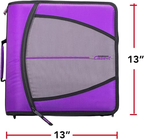 Case-it The Mighty Zip Tab Zipper Binder - 3 Inch O-Rings - 5 Color Tab Expanding File Folder - Multiple Pockets - 600 Sheet Capacity - Comes with Shoulder Strap - Deep Purple D-146