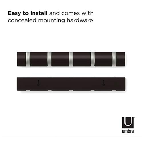 Flip Wall-Mounted Coat Rack Rail Hook for Hats, Jackets, Bags and More – Modern, Space-Saving Storage Organizer for Entryway, Mudroom, Closet, Bathroom, Bedroom, Kids Room, or Nursery, 5 Hooks, Espresso/Nickel