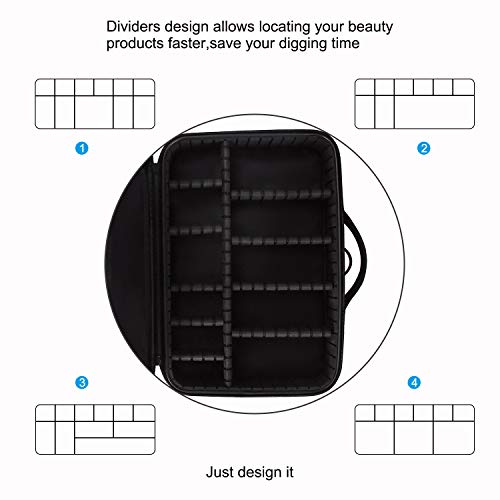 Makeup Bag Travel Makeup Train Case 13.8 inches Large Cosmetic Case Professional Portable Makeup Brush Holder Organizer and Storage with Adjustable Dividers and Shoulder Strap Black