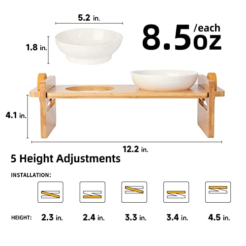 Elevated Cat Ceramic Bowls, Small Dog 15° Tilted Raised Food Feeding Dishes, Solid Bamboo Water Stand Feeder Set for Cats and Puppy