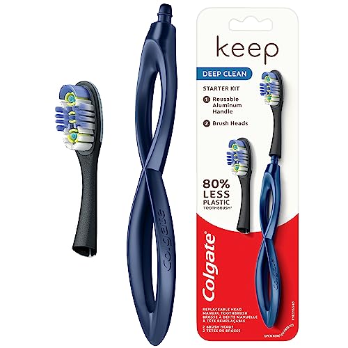 Keep Soft Manual Toothbrush for Adults with 2 Deep Clean Floss-Tip Brush Heads, Navy