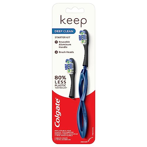 Keep Soft Manual Toothbrush for Adults with 2 Deep Clean Floss-Tip Brush Heads, Navy