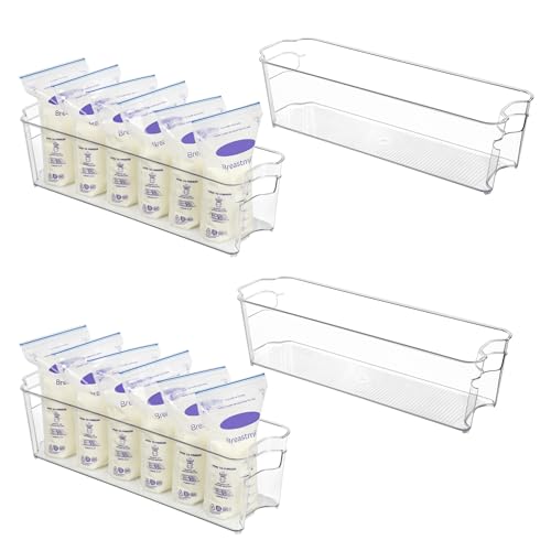 Breastmilk Storage Container 4PCS Set, Clear Freezer and Fridge Organizer Bins, Plastic Storage Bins for Breast Milk, Baby Pouches, Formula, Bottles and Yogurts, 4.3’’ Width, 14.7 Long